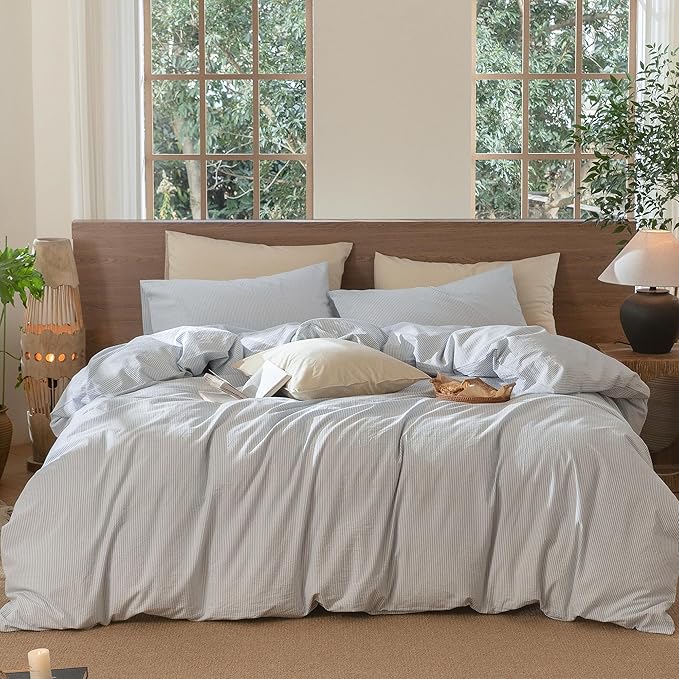 MooMee Striped Duvet Cover Set 100% Washed Cotton Linen Like Textured Breathable Durable Soft Comfy (Cornflower Blue White Pinstripes, Full 80"x90")