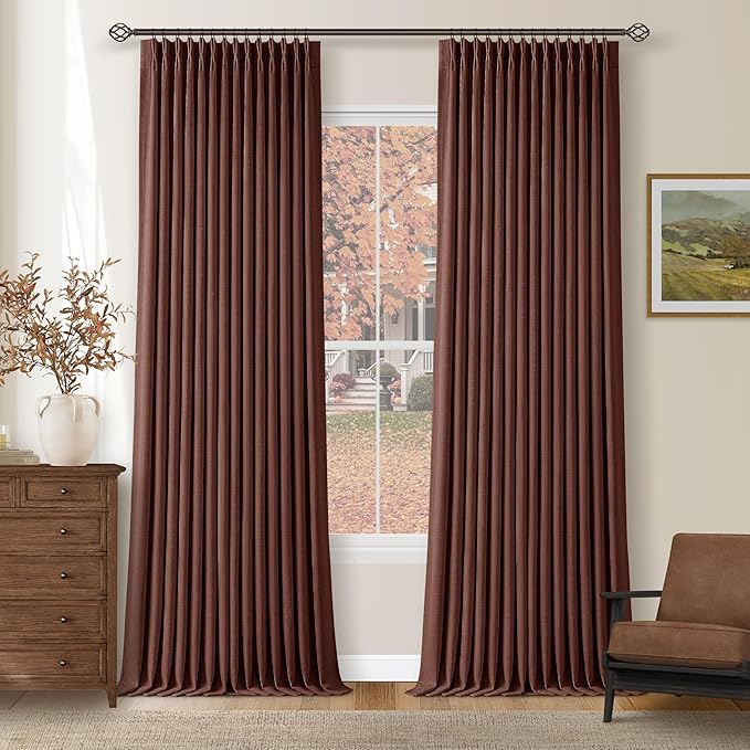 Reddish Brown Linen Blackout Pleated Curtains 90 Inches Long for Living Room Darkening Pinch Pleat 100% Black Out Drapes Thermal Insulated Soundproof Rust Brown 90 Inch Curtain for Dining Bedroom