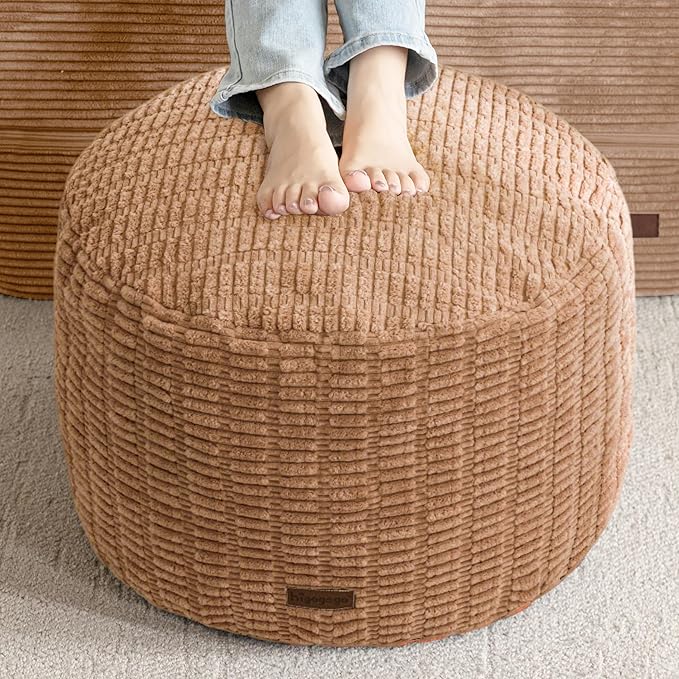 HIGOGOGO Pouf Ottoman Stuffed Round Modern Foam Filled Foot Rest Poufs for Living Room Chair Decorative 26 X 18 Inches Boho Relax Stool for Wedding Christmas Party, Brown