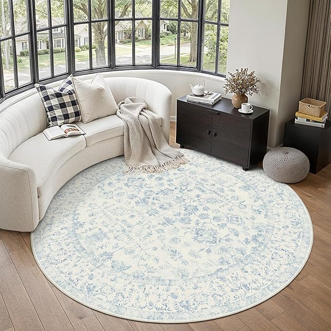 6ft Blue Round Area Rug Entryway Door Mat Circle 6x6 Kitchen Vintage Carpet Non Slip Indoor Bedroom Washable Distressed Floral Retro Accent Throw Rug Office Bathroom