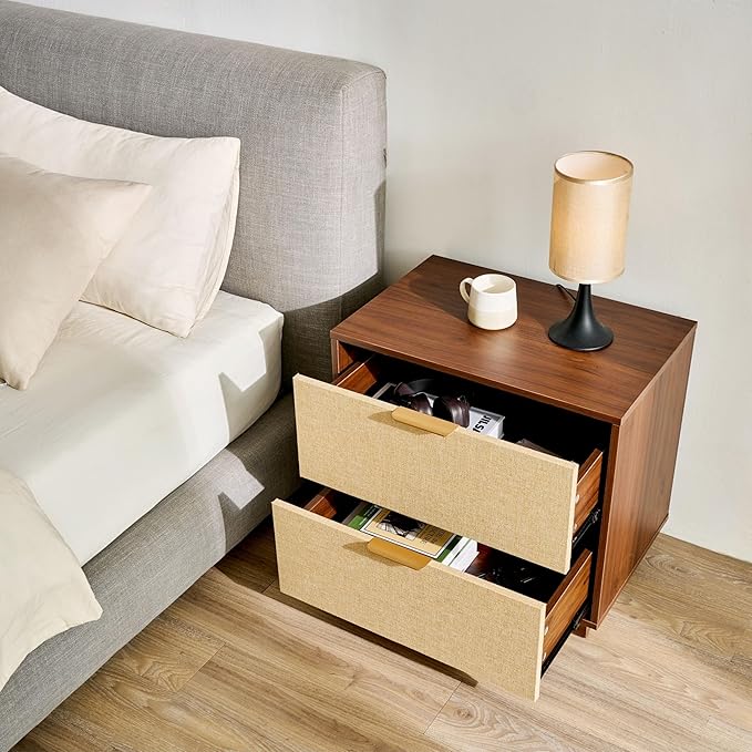 Saint Mossi Rattan Nightstands Set of 2 - Boho Bed Side Tables with 2 Storage Drawers, Mid Century Modern Sofa End Tables for Living Room, Walnut Finish with Golden Handle, W23xD15xH21