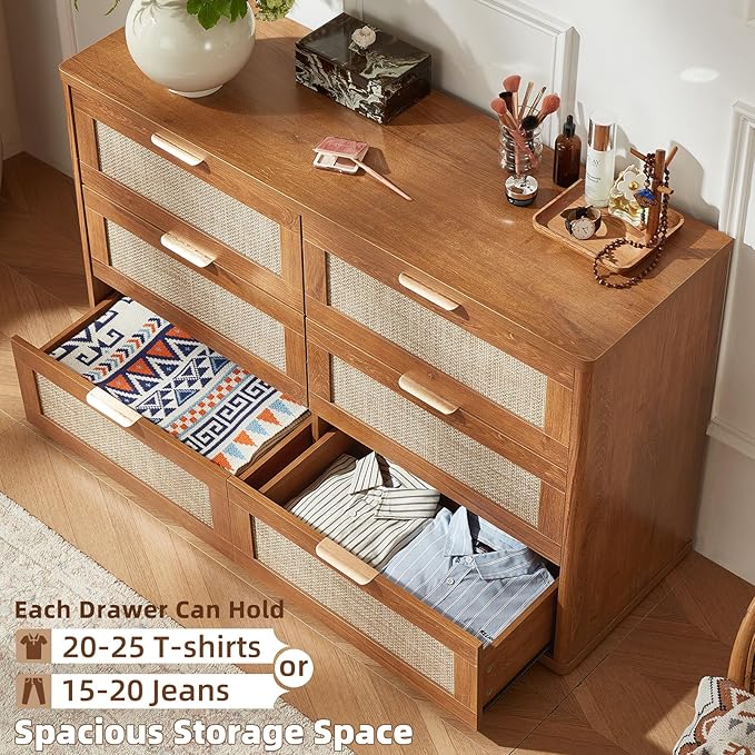 LEYAOYAO Rattan Dresser and Nightstand Set of 2, Boho Wood Dresser for Bedroom with 6 Drawers and Night Stand with 3 Drawer, Bedroom Furniture, Dressers & Chests of Drawers, Living Room, Hallway