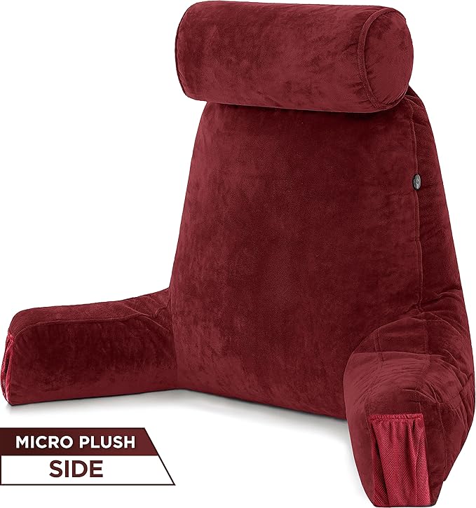 Husband Pillow Medium Aspen Edition Arizona Maroon, Sit Up Reading & Bed Rest with Arms, Ultra-Comfy, Detach Neck Roll - Premium Shredded Memory Foam Backrest, Reverses to Micro: Suede or Plush