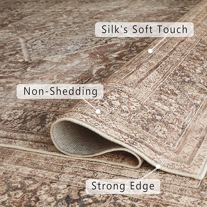 vivorug 8x10 Area Rugs for Living Room, Non-Slip Backing Washable Rug 8x10, Large Area Rug Soft Carpet for Bedroom Dining Room, Vintage, Easy Clean, Durable, Low Pile Rug Under Table, Earth Tone