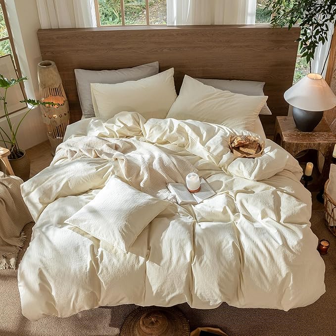MooMee Wavy Striped Duvet Cover Set 100% Washed Cotton Linen Like Textured Breathable Durable Soft Comfy (Cream White, Cal King 104"x98")