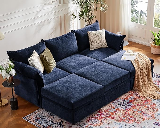 ABCASA 102.6" Luxury Modular Sleeper Sofa Bed 6 Seat Reversible Sectional Couch Deep Seat with Storage Chaises Removable Cover for Living Room, Apartment - Chenille Blue