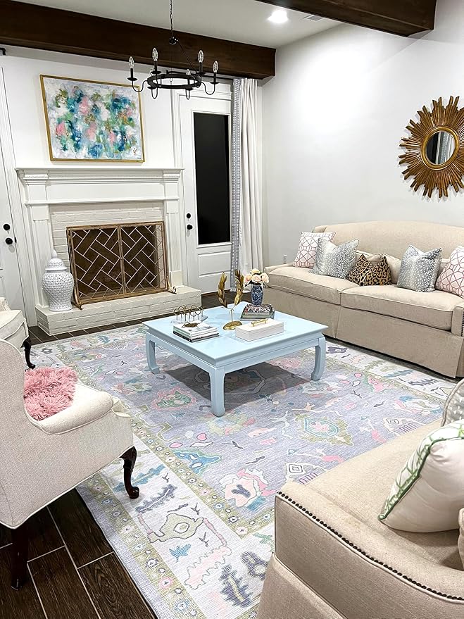 Fame Rugs Lavender Modern Oushak Rug 8x10, Vintage Turkish Colorful Oriental Washable Antique Inspired Large Area Rugs, Luxury Living Room Bedroom (386PBL, 7'6 x 10')