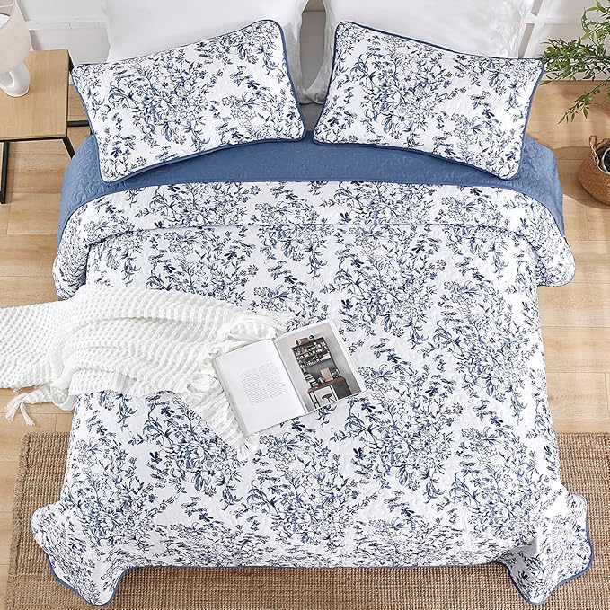 WONGS BEDDING Quilt Full Size, Blue Quilt Bedding Set with 2 Pillowcases, Botanical Quilt for Full Bed, Soft Microfiber Lightweight Coverlet Bedspread for All Season (78"×90", 3 Pieces)