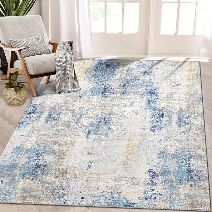 5x7 Area Rugs - Ultra-Thin Washable Rug with Non-Slip Backing, Ideal for Living Room, Bedroom, Kitchen Floor Carpet - Modern Abstract Style, Easy Clean, Durable, Blue Ivory Yellow