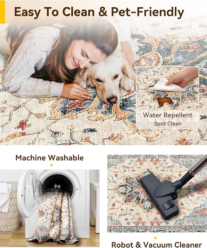 Area Rugs 2'6''x14' Washable Non-Slip, Floral Vintage Distress Print Pattern Medallion Carpet for Living Room Bedroom Dining Room, Beige Navy Blue Orange Colorful