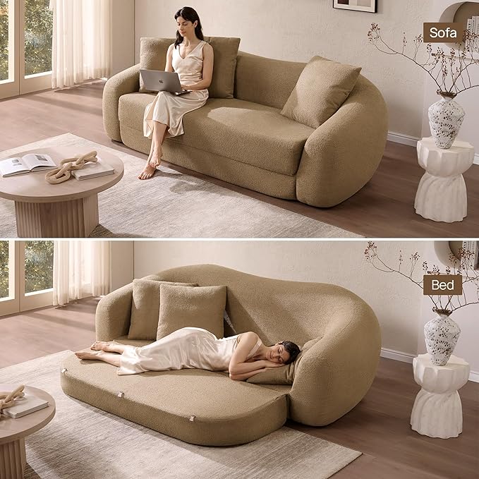 SICOTAS Curved Sofa Couch Bed for Living Room Convertible Futon Cloud Boneless Sleeper Chair Pull Out Floor Couch with Deep Seat Sofa Set Foam No Assembly Required for Bedroom Apartment Office, Brown