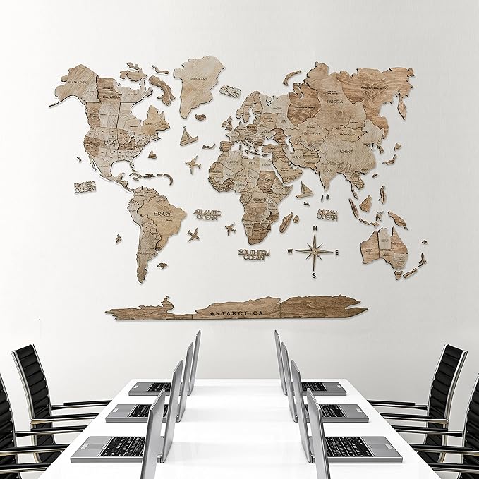 Handmade 3D Wood World Map Wall Art Large Wall Decor Track Your World Travels - Special for Home, Kitchen and Office (Medium, Terra)