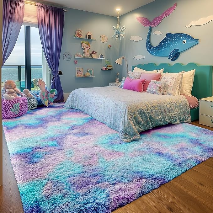 PAGISOFE 9x12 Rainbow Large Area Rug for Bedroom Girls, Cute Kawaii Purple Rainbow Princess Rugs for Kids Room Playroom Nursery Classroom, Plush Mermaid Rug,Clorful Room Decor for Teenage Pastel Rugs