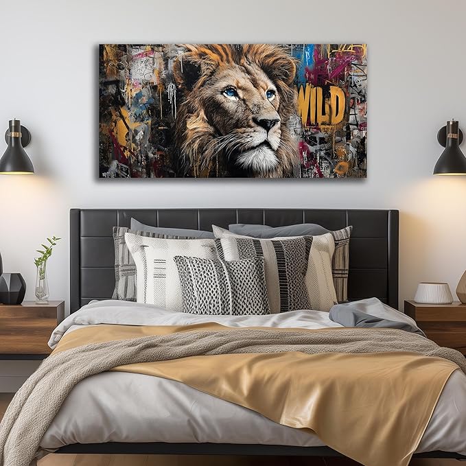 JuhaiArt Graffiti Wall Art Lion Picture Brown Wall Decor Animal Wall Art Canvas for Living Room Bedroom Home Office Prints Colorful Artwork 24" x 48"