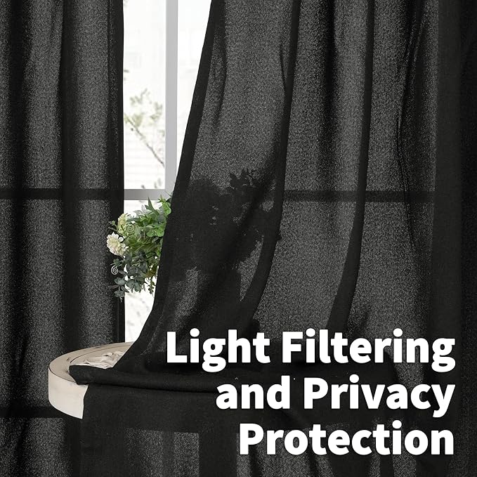 YoungsTex Black Linen Curtains 40 Inch Length for Kitchen Cafe Window, Short Semi Sheer Drapes with Bronze Grommet Textured Privacy for Bedroom Bathroom, 42 x 40 Inch, 2 Panels