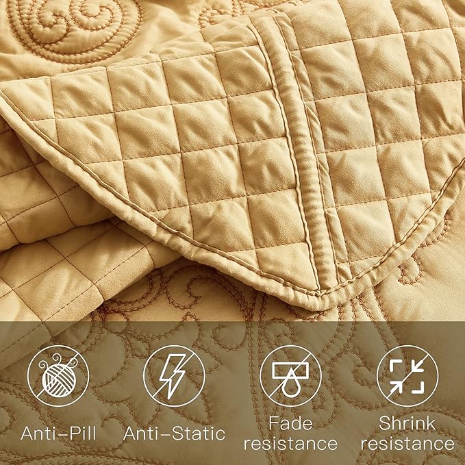 CHIXIN Bedspread Coverlet Quilt Set Full Size - Lightweight Bedding Cover - Beautiful Stitching - 5 Piece Reversible Bedspread - Luxury Damask Paisley Pattern (Full, Honey-Gold)