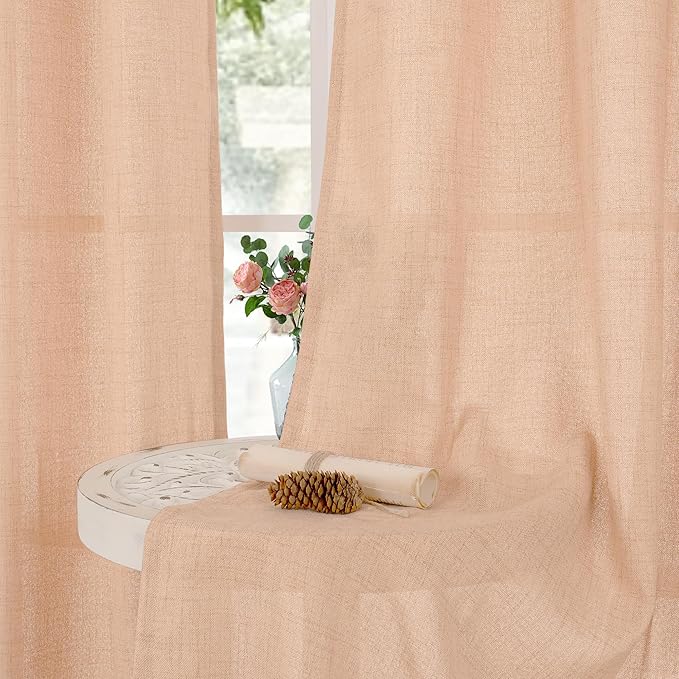 YoungsTex Peach Linen Semi Sheer Curtains 84 Inches Length 2 Panels for Bedroom, Light Filtering Drapes with Bronze Grommet Window Treatments for Dining Living Room, 52 x 84 Inch