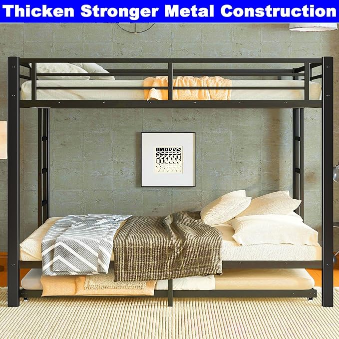 Upgraded Version Thicken Stronger Metal Heavy-Duty Queen Over Queen Bunk Bed with Twin Size Trundle, Bunk Bed Queen Size for Adults with Ladders, Easy Assemble (Queen/Queen)