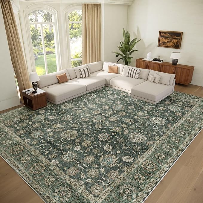 Washable 9x12 Area Rugs for Living Room, Boho Non-Slip Vintage Distress Lager Rugs for Bedroom Dining Room Nursery Office, 0.3" Neutral Oriental Throw Thin Carpet, Sage Green/Blue/Multi