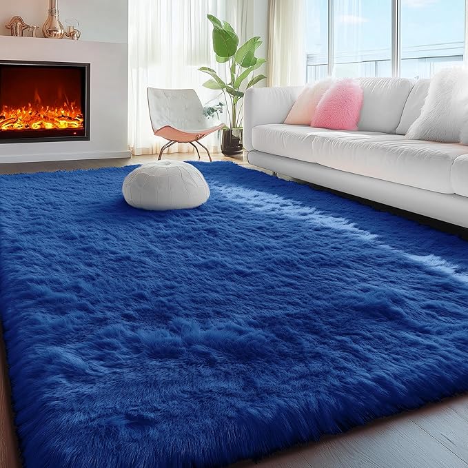 PAGISOFE Navy Blue Rug 5x8 Ft Fluffy Shag Rugs for Living Room Soft Shaggy Machine Washable Large Rugs for Kids Room Carpet Nursery Floor Boys Room Dorm Rug Kid Playroom Navy Area Rug Teen Home Decor