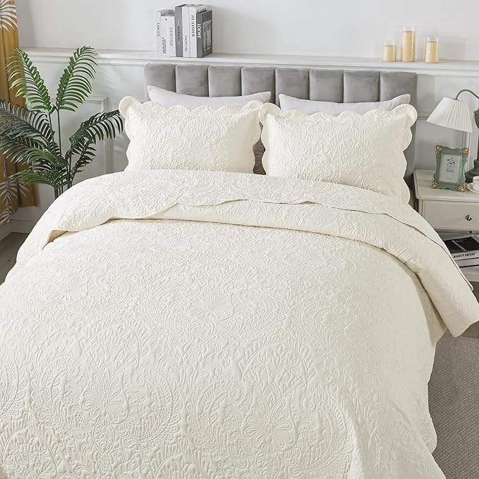 HoneiLife Quilt Sets King Size - Microfiber Bedspreads for King Bed, 3-Piece Lightweight Coverlets, Retro Bedlinen Sets, King Quilt Bedding Set All Season Use-Beige