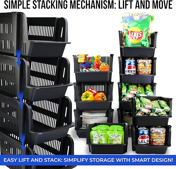 Skywin TidyFriend Stackable Storage Bins for Pantry - 4 Pack Large Stackable Bins for Organizing Food, Kitchen, and Bathroom Essentials (Black)