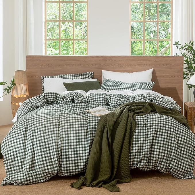 MooMee Gingham Duvet Cover Set 100% Washed Cotton Linen Like Textured Breathable Durable Soft Comfy Modern Checkered Design (Forest Green Gingham, Palatial King/Oversized King 120"x98")