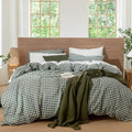 MooMee Gingham Duvet Cover Set 100% Washed Cotton Linen Like Textured Breathable Durable Soft Comfy Modern Checkered Design (Forest Green Gingham, Palatial King/Oversized King 120"x98")