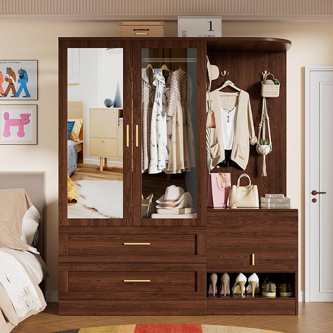 PAKASEPT 2 Doors Armoire Wardrobe Closet with Mirror,71'' Tall Freestanding Wooden Wardrobe Closet Farmhouse Storage Cabinet for Bedroom with Hanging Rod,Clothes Hook,Drawers,Hidden Bench,Retro Brown