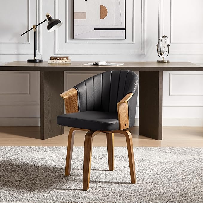 Art Leon Swivel Dining Chairs, Set of 2, Mid Century Modern Faux Leather Upholstered Kitchen Dining Room Chairs, Accent Desk Chairs with Wood Legs, Black/Walnut
