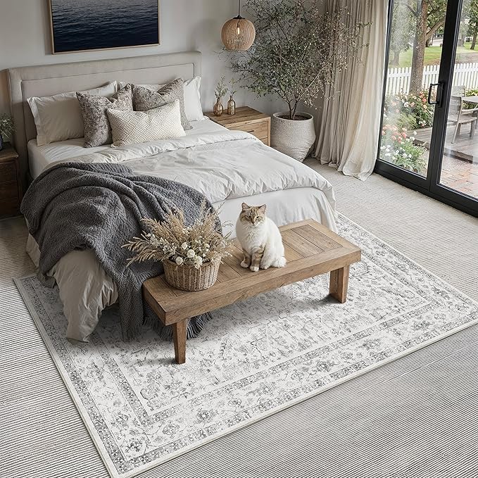 Grey 5x7 Area Rug Vintage Washable Living Room Carpet Non Slip Bedroom Indoor Office Low Pile Traditional Distressed Retro Accent Rug for Dining Room Bathroom Kitchen
