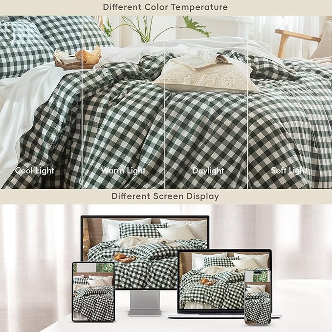 MooMee Gingham Duvet Cover Set 100% Washed Cotton Linen Like Textured Breathable Durable Soft Comfy Modern Checkered Design (Buffalo Plaid Forest Green, Cal King 104"x98")