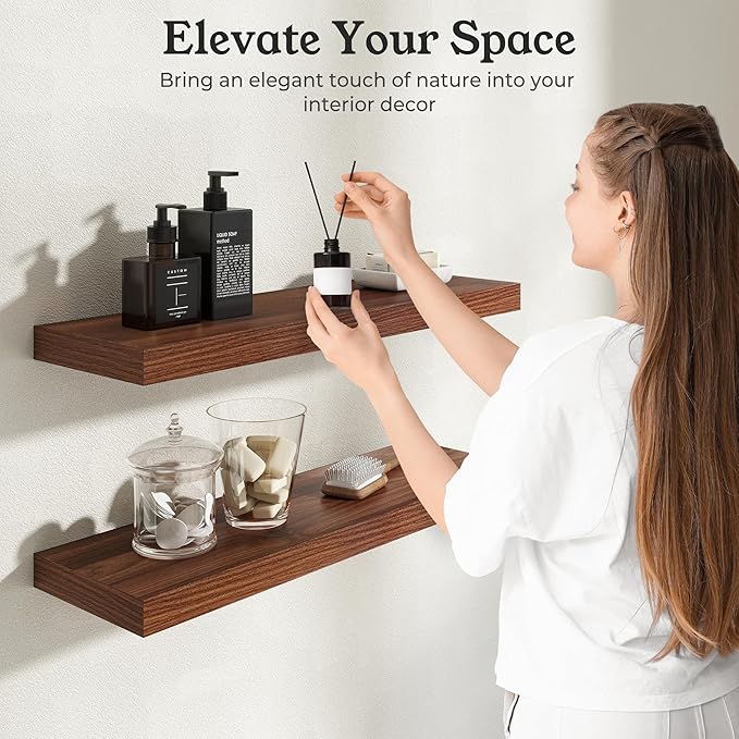 Floating Shelves for Wall, 9.3" Deep Wall Mounted Rustic Wood Shelves for Bathroom, Bedroom, Living Room, Kitchen, Hanging Shelf for Books/Storage/Room Decor (Walnut, 48")