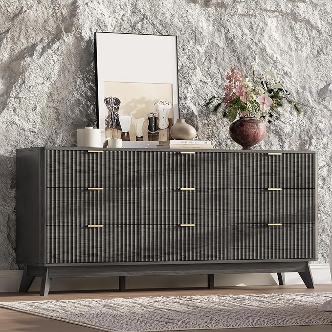 63'' Wide 9 Drawers Dresser for Bedroom,Modern Fluted Vertical Chest with Rounded Corners,Fluted Dresser for Living Room,Hallway, Black
