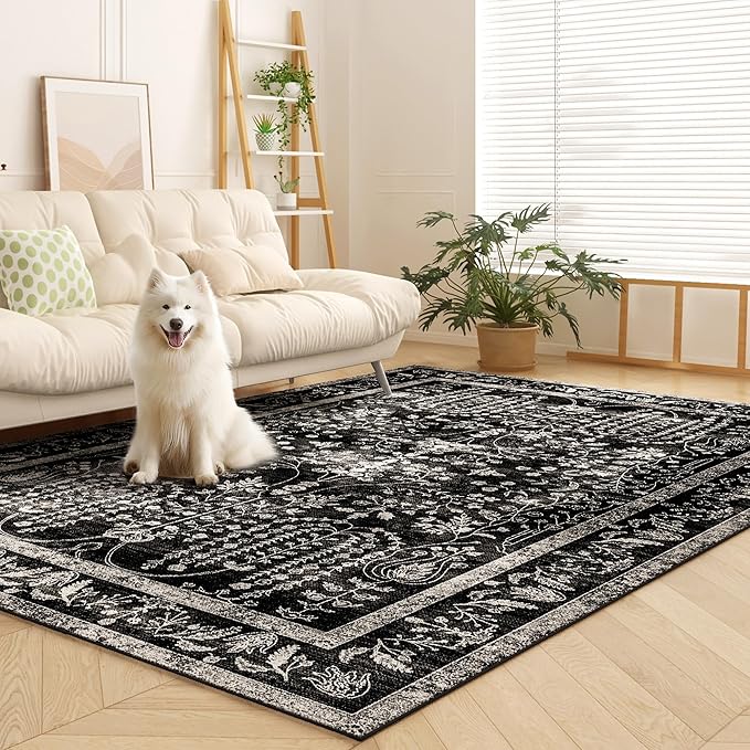 8x10 Area Rugs, Machine Washable Rugs for Living Room Modern Abstract Rug Soft Non-Skid Thin Carpet Indoor Floor Non-Shedding Carpets for Bedroom | Black