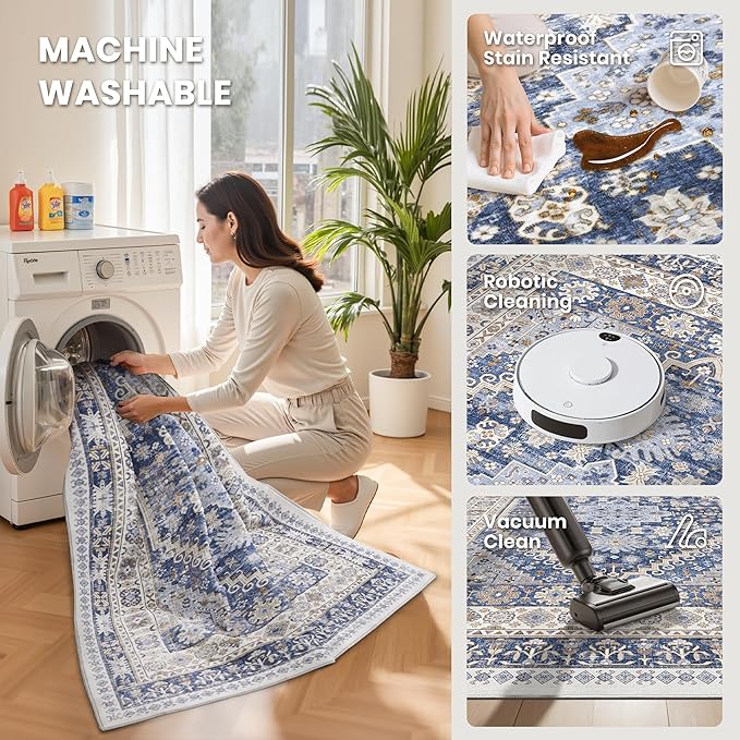 zesthome Washable Round Area Rugs - Non-Slip 6ft Round Rugs, Ultra-Thin Large Circle Rugs for Living Room, Soft Low Pile Rug for Bedroom, Kitchen, Nursery - Vintage Stain Resistant Round Rug