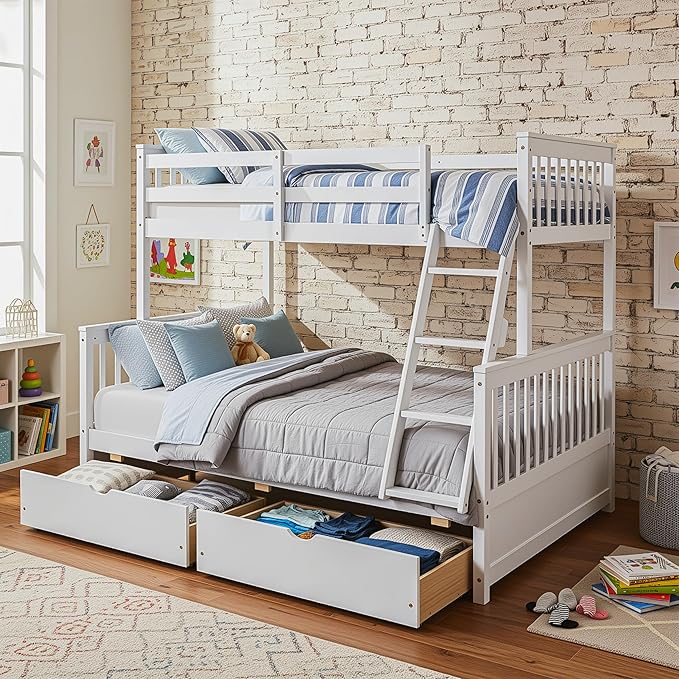 Merax Wood Bunk Bed with Drawers,Convertible Wood Bunk Bed with Ladders and Two Storage Drawers,Solid Wood Detachable Bed Frame with Ladders,Twin Over Full Size,White