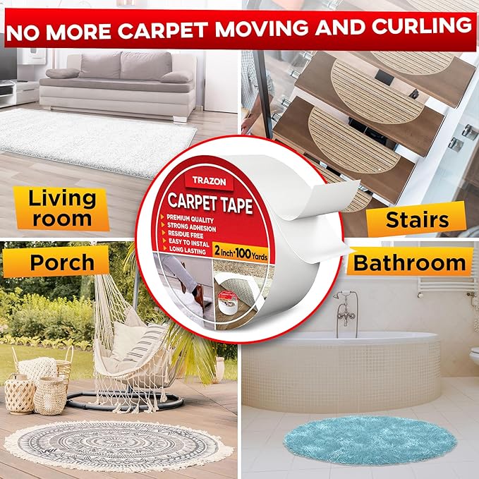 Carpet Tape Double Sided - Rug Tape Grippers for Hardwood Floors and Area Rugs - Carpet Binding Tape Strong Adhesive and Removable, Heavy Duty Stickers Grip Tape, Residue Free (2 Inch / 100 Yards)