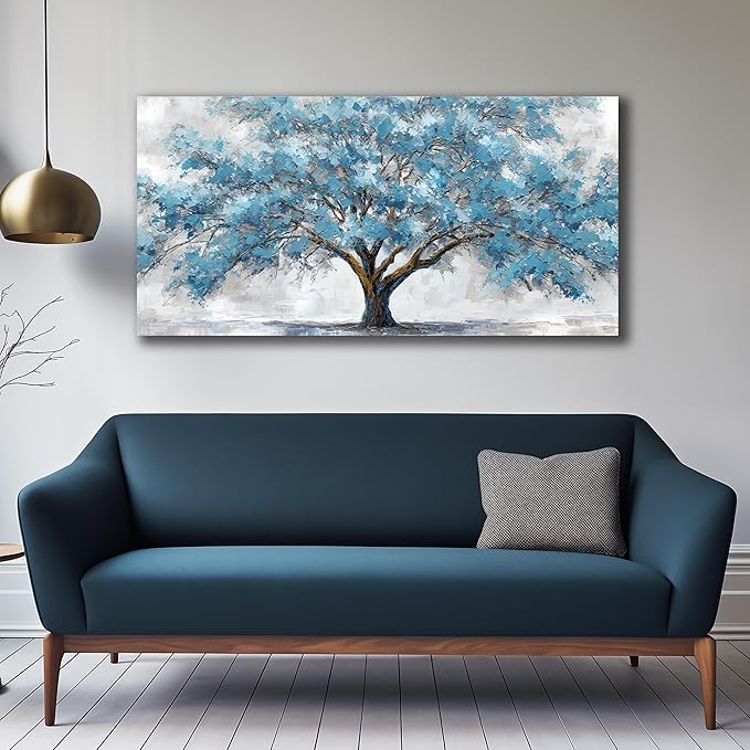 JuhaiArt Tree Wall Decor Teal Wall Art for Living Room Home Office White Canvas Art Large Artwork modern Prints 29" x 59"