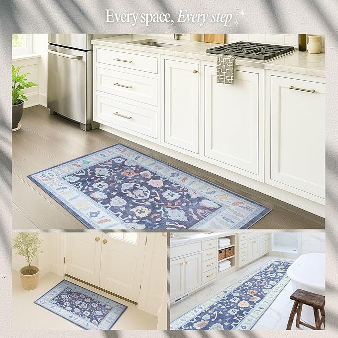 Fame Rugs Navy Blue Modern Oushak Rug 5x7, Washable Vintage Turkish Colorful Oriental Antique Inspired Area Rugs, Luxury Living Room Bedroom (388NB, 5' x 7')
