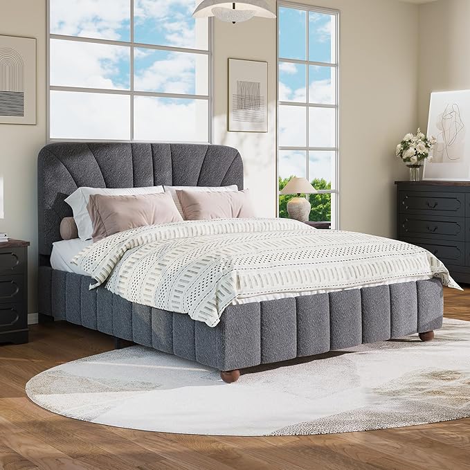 Full Size Boucle Bed Frame Upholstered Bed Frame Full with Adjustable Headboard, Solid Wood Slats Support, Bed for Bedroom Apartment, Dorm, No Box Spring Needed, Easy Assembly, Noise-Free, Grey