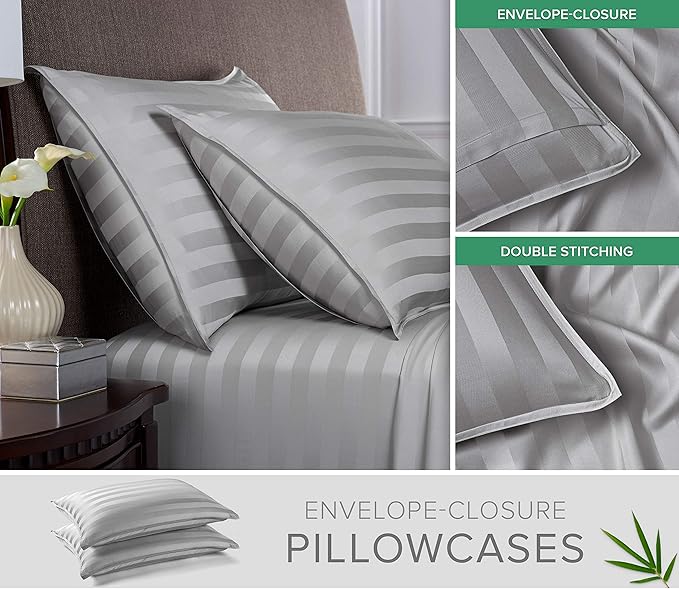 Pure Bamboo Twin Sheets, Genuine 100% Organic Viscose Derived from Bamboo Bed Sheet Set, Luxuriously Soft & Cooling, Double Stitching, 2 Year Quality Promise (Twin, Jacquard Silver)