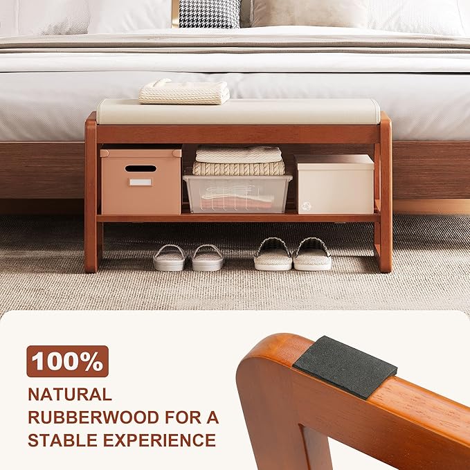 Shoe Bench Storage Rubberwood with Leather Cushion 31.5", Waterproof Easy to Clean 550LBS Organizer Shoe Rack for Entryway, Hallway, Mudroom, Front Door