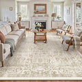 Light Brown Area Rug 9x12 Machine Washable Large Vintage Living Room Distressed Non Slip Carpet Traditional Indoor Bedroom Retro Floral Accent Throw Rug for Office Kitchen Dining Room