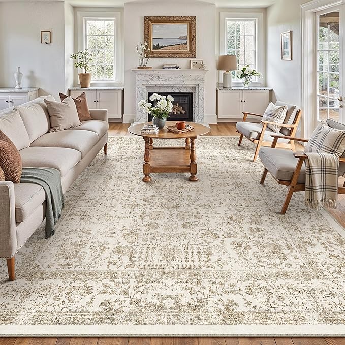 Light Brown Area Rug 9x12 Machine Washable Large Vintage Living Room Distressed Non Slip Carpet Traditional Indoor Bedroom Retro Floral Accent Throw Rug for Office Kitchen Dining Room