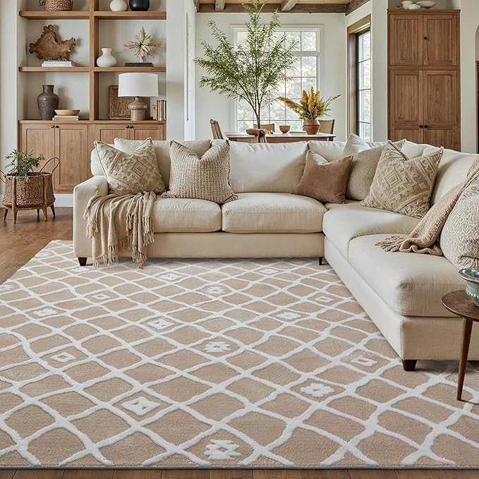 Beige 8x10 Area Rug Moroccan Shag Living Room Washable Carpet Soft Non Shedding Neutral Boho Plush Pile Modern Large Throw Rug for Office Bedroom Dining Room Playroom