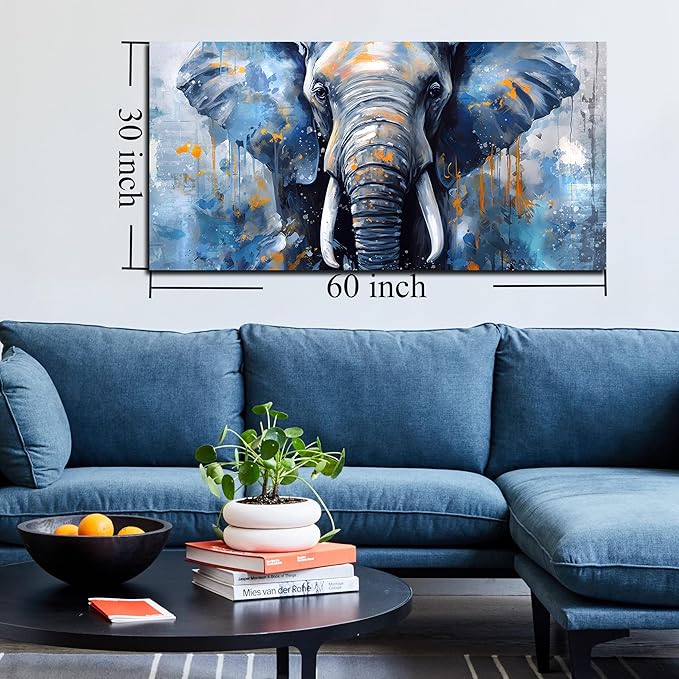 ENTANUB Elephant Wall Art for Living Room, Animal Canvas Print Painting for Bedroom, Blue Picture Decor, Size 59 x 29 Inches