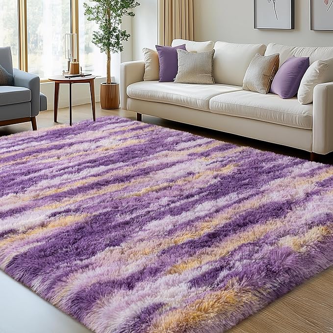 Fluffy Rugs for Living Room Bedroom, 4x6 Feet Abstract Purple Shag Area Rug, Non-Slip Indoor Modern Fuzzy Plush Floor Carpet for Dorm Nursery Kids Room Decor, Soft Shaggy Throw Rug