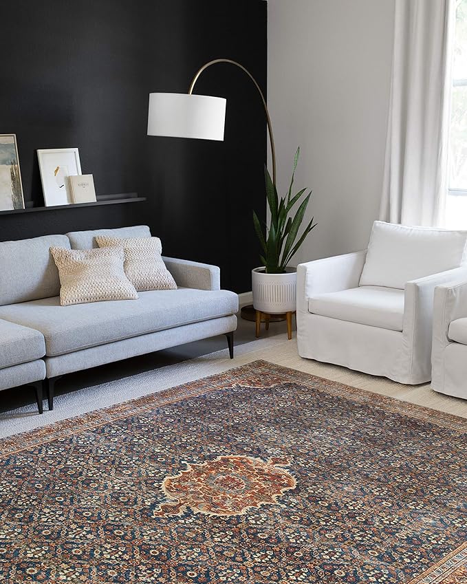 Loloi Layla Collection LAY-09 Cobalt Blue/Spice 9'-0" x 12'-0" .13" Thick Area Rug, Soft, Durable, Vintage Inspired, Distressed, Low Pile, Non-Shedding, Easy Clean, Printed, Living Room Rug
