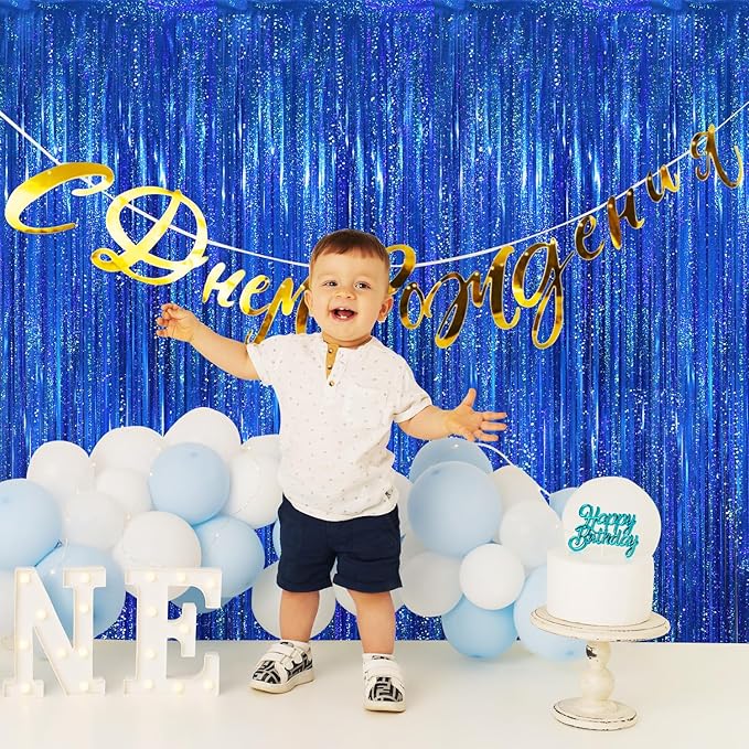 GOER 3.2 ft x 8.2 ft Metallic Tinsel Foil Fringe Curtains Party Photo Backdrop Party Streamers for Birthday,Graduation,New Year Eve Decorations Wedding Decor(3 Packs,Shiny Blue)